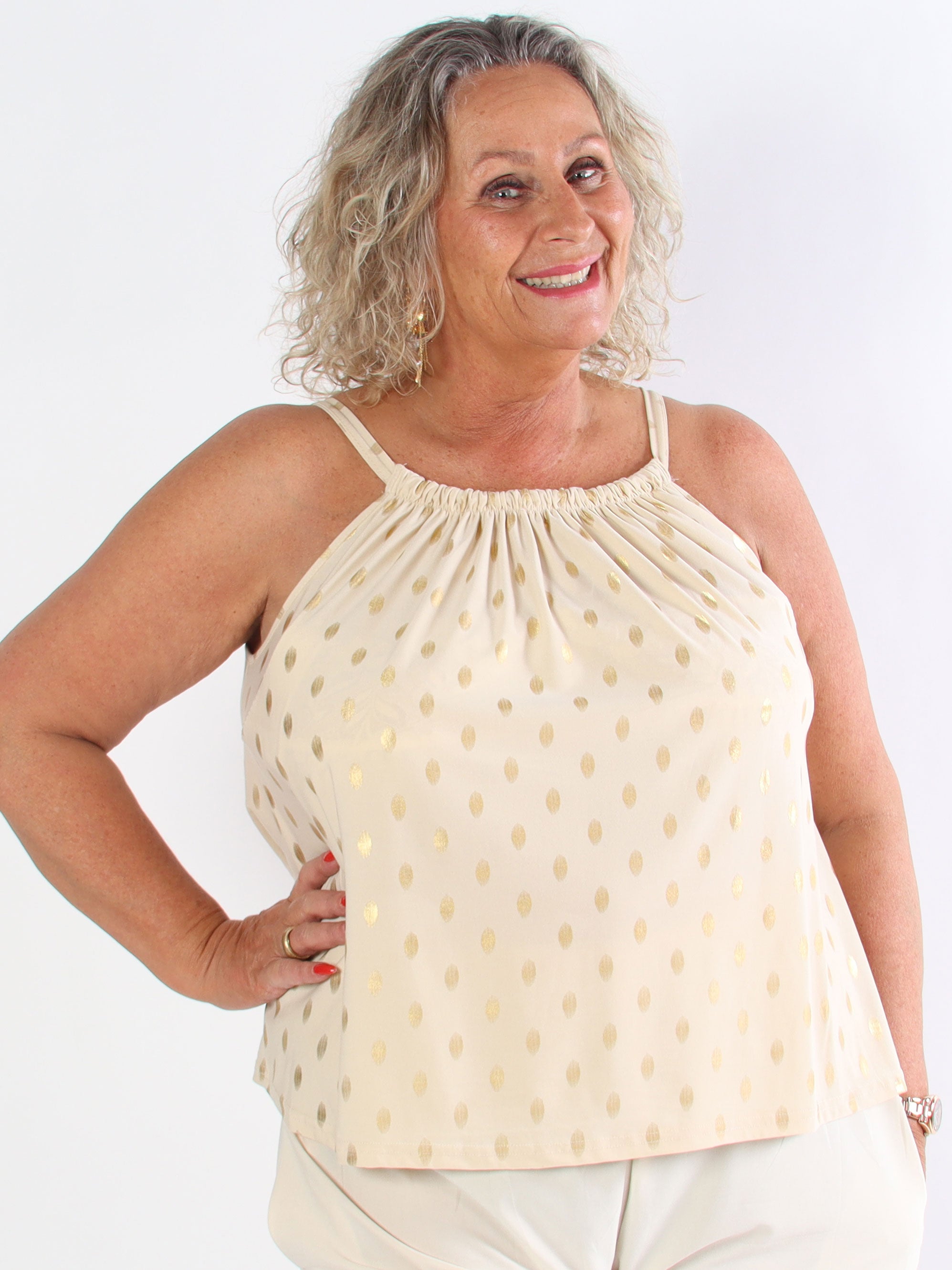 Sunlove Dot Top - Elastisk plus size stroptop med guld dutter